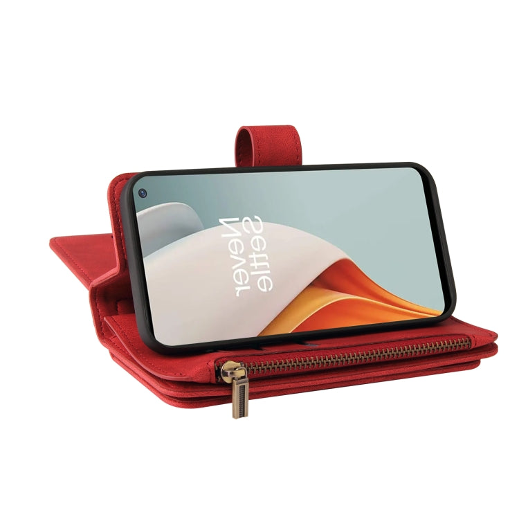 For OnePlus Nord N100 5G Skin Feel PU + TPU Horizontal Flip Leather Case With Holder & 15 Cards Slot & Wallet & Zipper Pocket & Lanyard(Red) - OnePlus Cases by PMC TechLife | Online Shopping South Africa | PMC TechLife | Buy Now Pay Later Mobicred