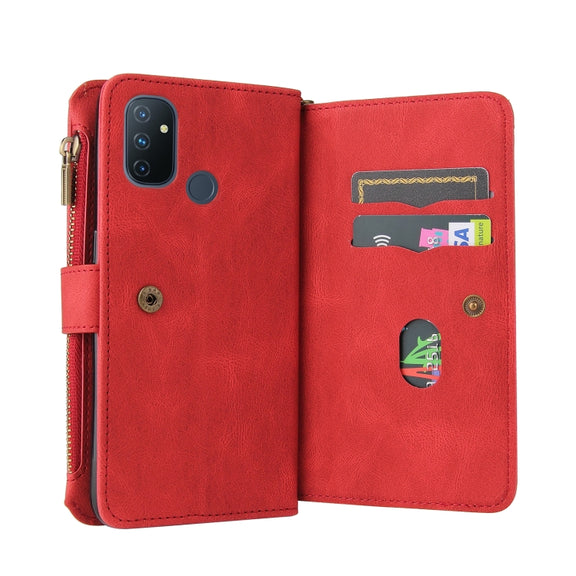 For OnePlus Nord N100 5G Skin Feel PU + TPU Horizontal Flip Leather Case With Holder & 15 Cards Slot & Wallet & Zipper Pocket & Lanyard(Red)