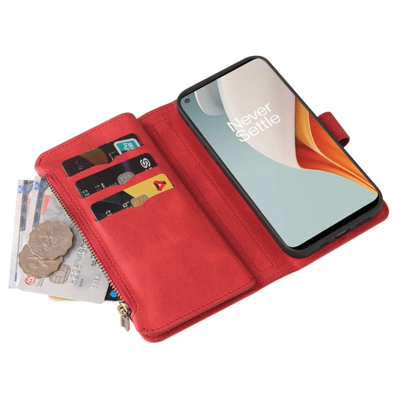 For OnePlus Nord N100 5G Skin Feel PU + TPU Horizontal Flip Leather Case With Holder & 15 Cards Slot & Wallet & Zipper Pocket & Lanyard(Red)