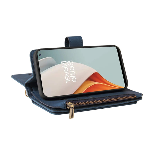 For OnePlus Nord N100 5G Skin Feel PU + TPU Horizontal Flip Leather Case With Holder & 15 Cards Slot & Wallet & Zipper Pocket & Lanyard(Blue)
