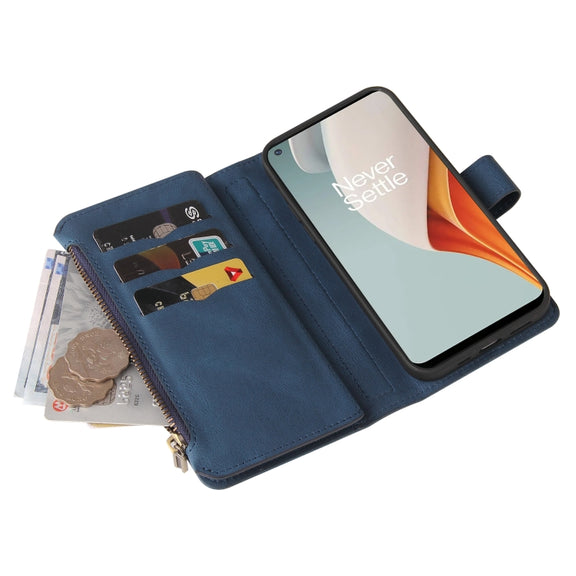 For OnePlus Nord N100 5G Skin Feel PU + TPU Horizontal Flip Leather Case With Holder & 15 Cards Slot & Wallet & Zipper Pocket & Lanyard(Blue)