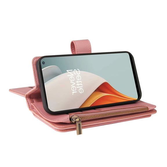 For OnePlus Nord N100 5G Skin Feel PU + TPU Horizontal Flip Leather Case With Holder & 15 Cards Slot & Wallet & Zipper Pocket & Lanyard(Pink)