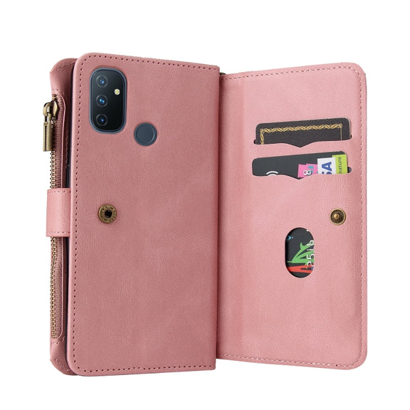 For OnePlus Nord N100 5G Skin Feel PU + TPU Horizontal Flip Leather Case With Holder & 15 Cards Slot & Wallet & Zipper Pocket & Lanyard(Pink)