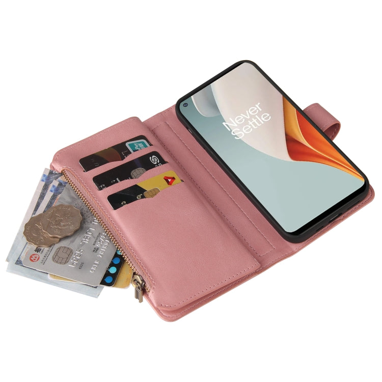 For OnePlus Nord N100 5G Skin Feel PU + TPU Horizontal Flip Leather Case With Holder & 15 Cards Slot & Wallet & Zipper Pocket & Lanyard(Pink)