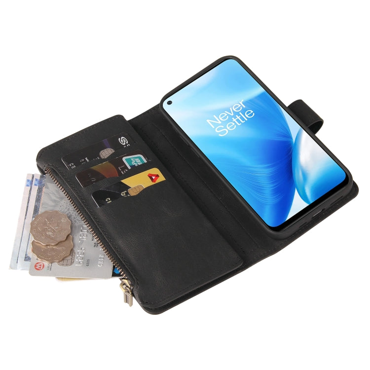 For OnePlus Nord N200 5G Skin Feel PU + TPU Horizontal Flip Leather Case With Holder & 15 Cards Slot & Wallet & Zipper Pocket & Lanyard(Black)