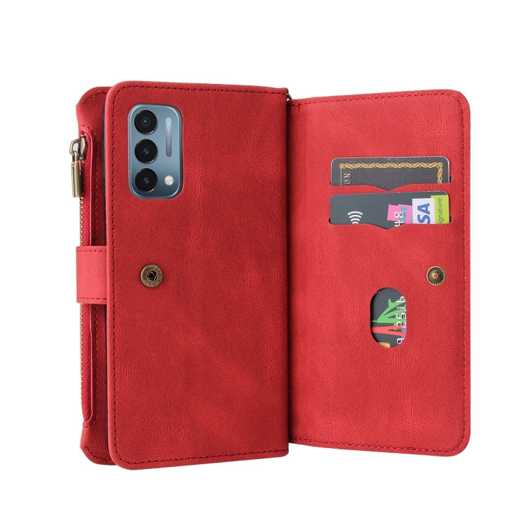 For OnePlus Nord N200 5G Skin Feel PU + TPU Horizontal Flip Leather Case With Holder & 15 Cards Slot & Wallet & Zipper Pocket & Lanyard(Red)