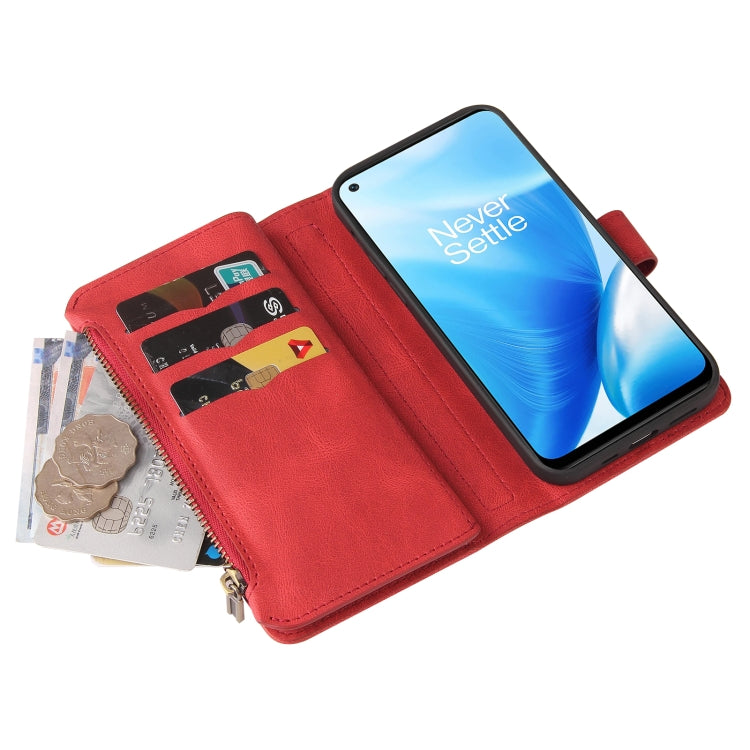 For OnePlus Nord N200 5G Skin Feel PU + TPU Horizontal Flip Leather Case With Holder & 15 Cards Slot & Wallet & Zipper Pocket & Lanyard(Red)