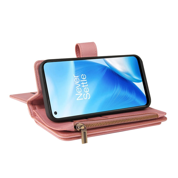 For OnePlus Nord N200 5G Skin Feel PU + TPU Horizontal Flip Leather Case With Holder & 15 Cards Slot & Wallet & Zipper Pocket & Lanyard(Pink)