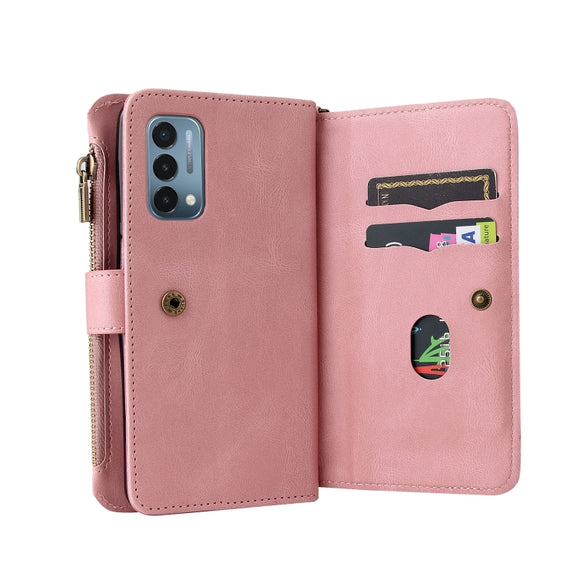 For OnePlus Nord N200 5G Skin Feel PU + TPU Horizontal Flip Leather Case With Holder & 15 Cards Slot & Wallet & Zipper Pocket & Lanyard(Pink)