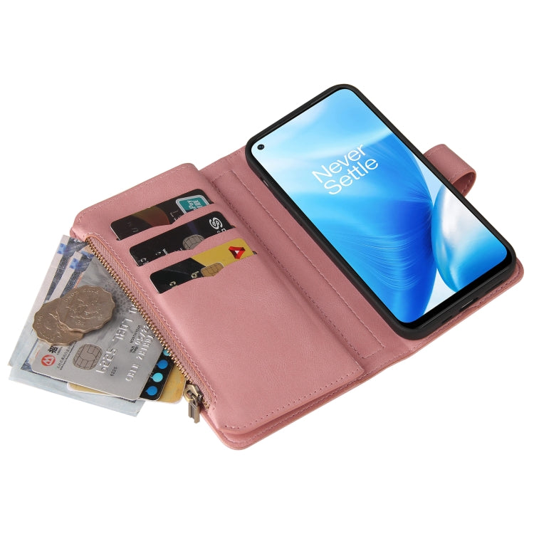 For OnePlus Nord N200 5G Skin Feel PU + TPU Horizontal Flip Leather Case With Holder & 15 Cards Slot & Wallet & Zipper Pocket & Lanyard(Pink)