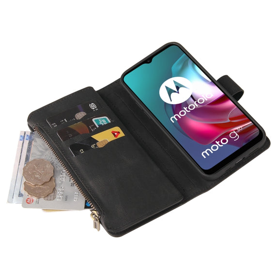 For Motorola Moto G10 Skin Feel PU + TPU Horizontal Flip Leather Case With Holder & 15 Cards Slot & Wallet & Zipper Pocket & Lanyard(Black)