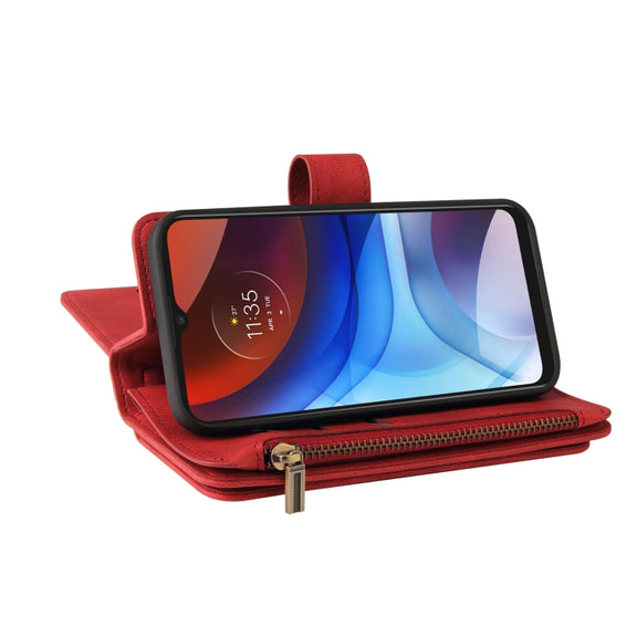 For Motorola Moto E7 Power Skin Feel PU + TPU Horizontal Flip Leather Case With Holder & 15 Cards Slot & Wallet & Zipper Pocket & Lanyard(Red)