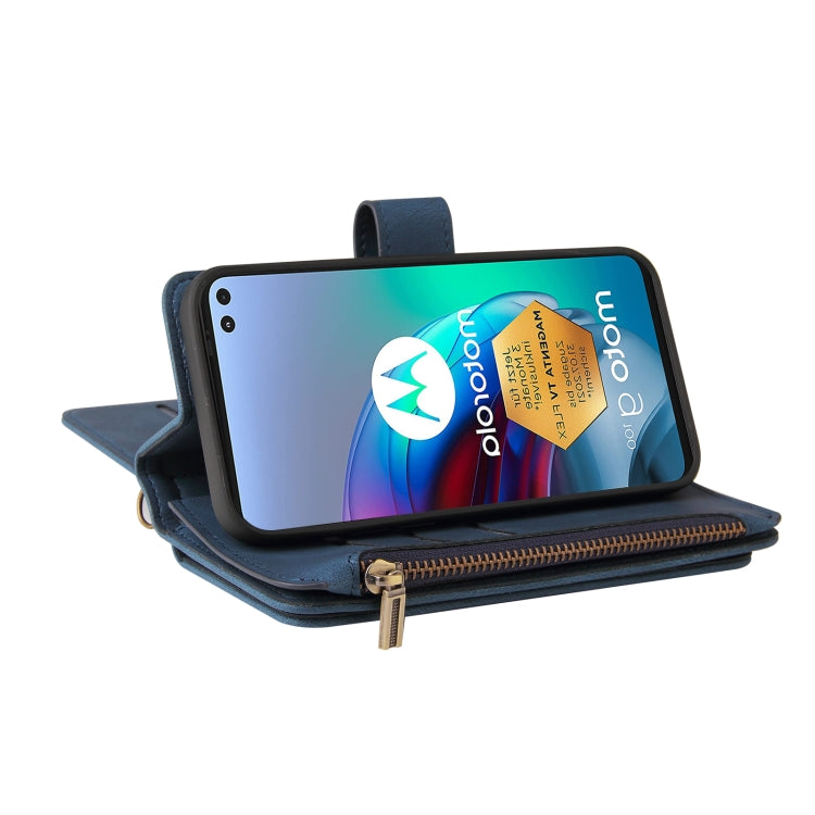 For Motorola Moto G100 Skin Feel PU + TPU Horizontal Flip Leather Case With Holder & 15 Cards Slot & Wallet & Zipper Pocket & Lanyard(Blue) - Motorola Cases by PMC TechLife | Online Shopping South Africa | PMC TechLife | Buy Now Pay Later Mobicred