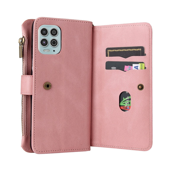 For Motorola Moto G100 Skin Feel PU + TPU Horizontal Flip Leather Case With Holder & 15 Cards Slot & Wallet & Zipper Pocket & Lanyard(Pink)
