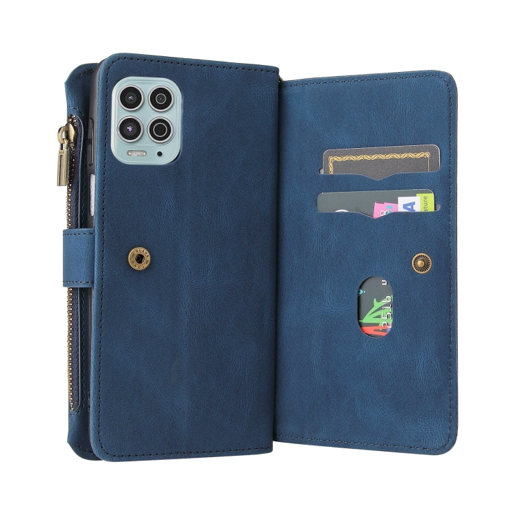 For Motorola Edge S Skin Feel PU + TPU Horizontal Flip Leather Case With Holder & 15 Cards Slot & Wallet & Zipper Pocket & Lanyard(Blue)