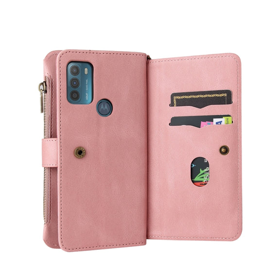 For Motorola Moto G50 Skin Feel PU + TPU Horizontal Flip Leather Case With Holder & 15 Cards Slot & Wallet & Zipper Pocket & Lanyard(Pink)