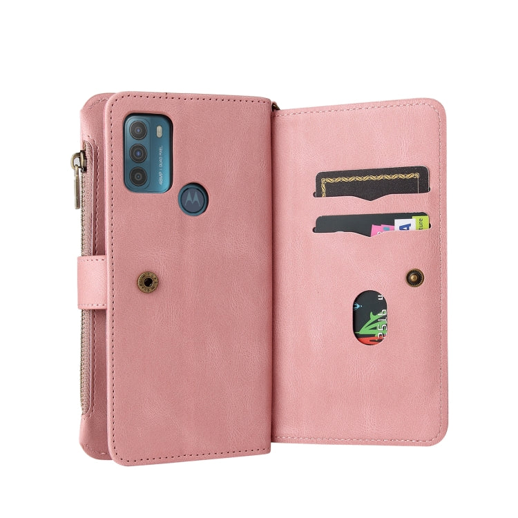 For Motorola Moto G50 Skin Feel PU + TPU Horizontal Flip Leather Case With Holder & 15 Cards Slot & Wallet & Zipper Pocket & Lanyard(Pink)