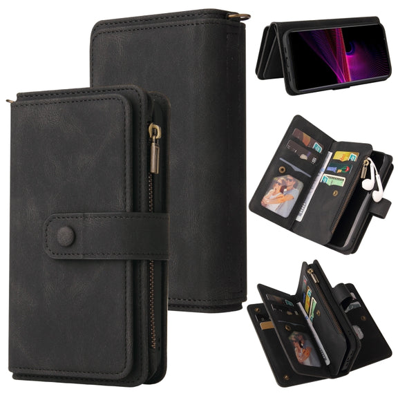 For Sony Xperia 1 III Skin Feel PU + TPU Horizontal Flip Leather Case With Holder & 15 Cards Slot & Wallet & Zipper Pocket & Lanyard(Black)