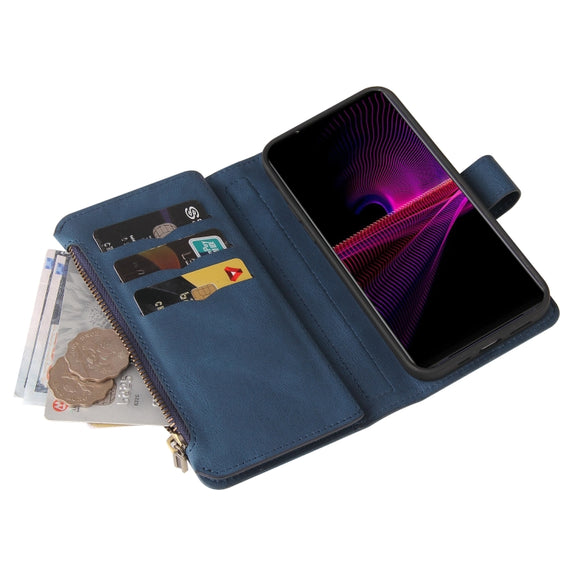 For Sony Xperia 1 III Skin Feel PU + TPU Horizontal Flip Leather Case With Holder & 15 Cards Slot & Wallet & Zipper Pocket & Lanyard(Blue)