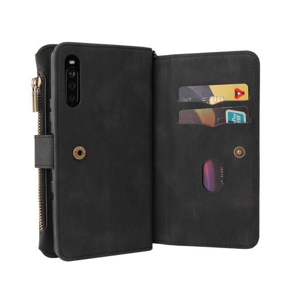 For Sony Xperia 10 III Skin Feel PU + TPU Horizontal Flip Leather Case With Holder & 15 Cards Slot & Wallet & Zipper Pocket & Lanyard(Black)