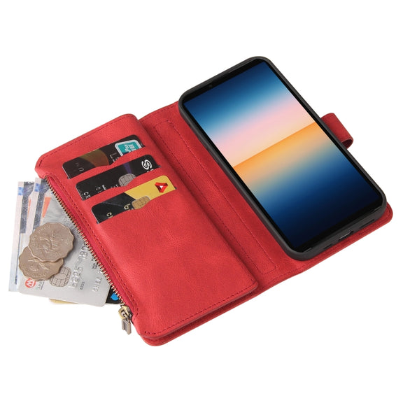 For Sony Xperia 10 III Skin Feel PU + TPU Horizontal Flip Leather Case With Holder & 15 Cards Slot & Wallet & Zipper Pocket & Lanyard(Red)
