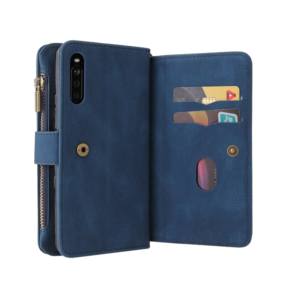 For Sony Xperia 10 III Skin Feel PU + TPU Horizontal Flip Leather Case With Holder & 15 Cards Slot & Wallet & Zipper Pocket & Lanyard(Blue)