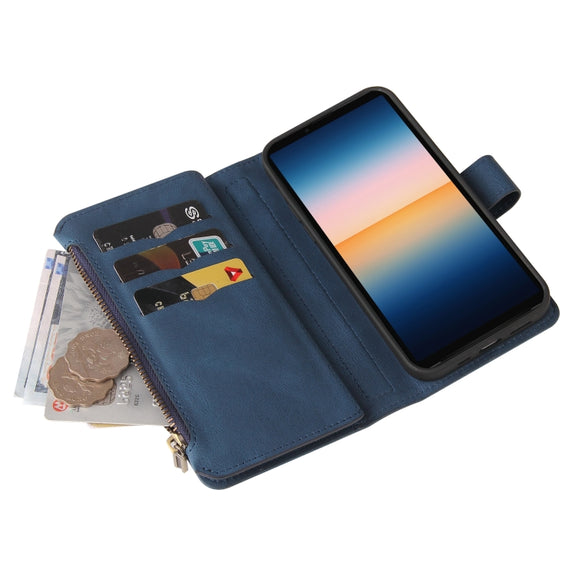 For Sony Xperia 10 III Skin Feel PU + TPU Horizontal Flip Leather Case With Holder & 15 Cards Slot & Wallet & Zipper Pocket & Lanyard(Blue)