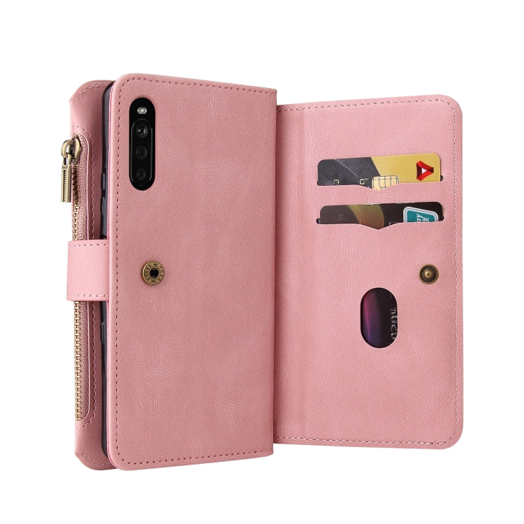 For Sony Xperia 10 III Skin Feel PU + TPU Horizontal Flip Leather Case With Holder & 15 Cards Slot & Wallet & Zipper Pocket & Lanyard(Pink)