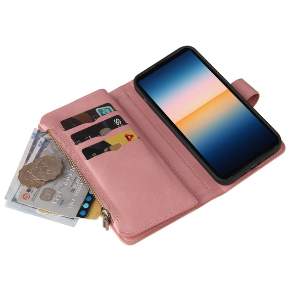 For Sony Xperia 10 III Skin Feel PU + TPU Horizontal Flip Leather Case With Holder & 15 Cards Slot & Wallet & Zipper Pocket & Lanyard(Pink)