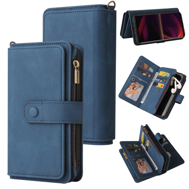 For Sony Xperia 5 III Skin Feel PU + TPU Horizontal Flip Leather Case With Holder & 15 Cards Slot & Wallet & Zipper Pocket & Lanyard(Blue) - Sony Cases by PMC TechLife | Online Shopping South Africa | PMC TechLife | Buy Now Pay Later Mobicred
