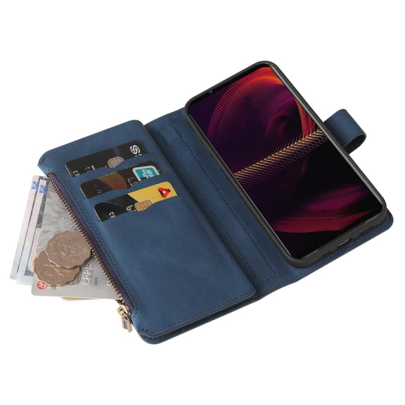 For Sony Xperia 5 III Skin Feel PU + TPU Horizontal Flip Leather Case With Holder & 15 Cards Slot & Wallet & Zipper Pocket & Lanyard(Blue)
