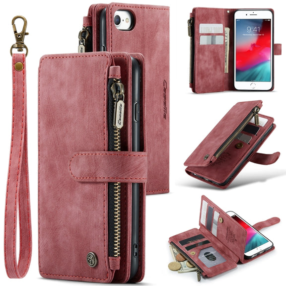 For iPhone SE 2022 / SE 2020 / 8 / 7 / 6 CaseMe-C30 PU + TPU Multifunctional Horizontal Flip Leather Case with Holder & Card Slot & Wallet & Zipper Pocke(Red)