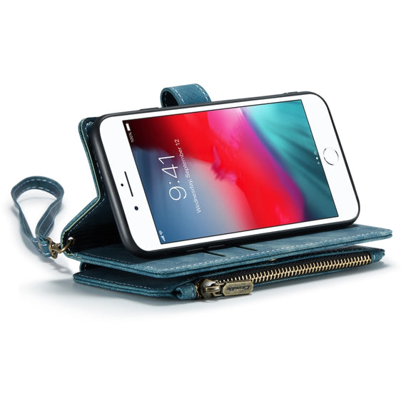 For iPhone SE 2022 / SE 2020 / 8 / 7 / 6 CaseMe-C30 PU + TPU Multifunctional Horizontal Flip Leather Case with Holder & Card Slot & Wallet & Zipper Pocke(Blue)