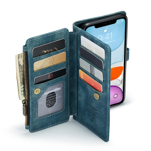 For iPhone 11 CaseMe-C30 PU + TPU Multifunctional Horizontal Flip Leather Case with Holder & Card Slot & Wallet & Zipper Pocket (Blue)