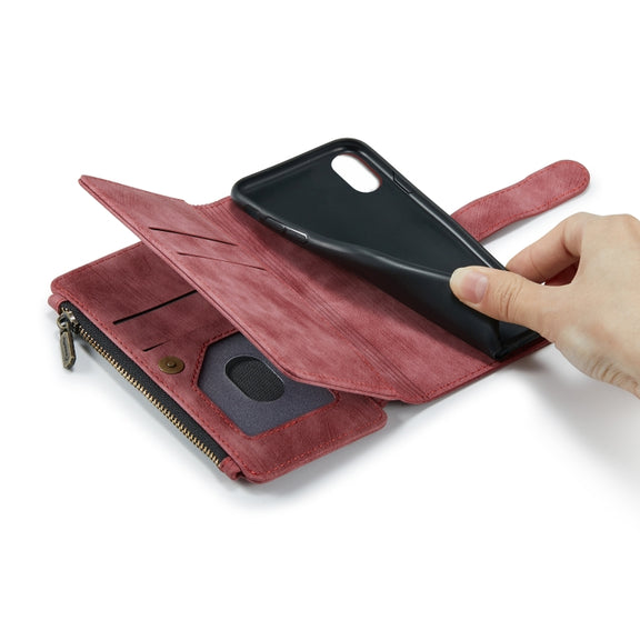 For iPhone X / XS CaseMe-C30 PU + TPU Multifunctional Horizontal Flip Leather Case with Holder & Card Slot & Wallet & Zipper Pocket(Red)