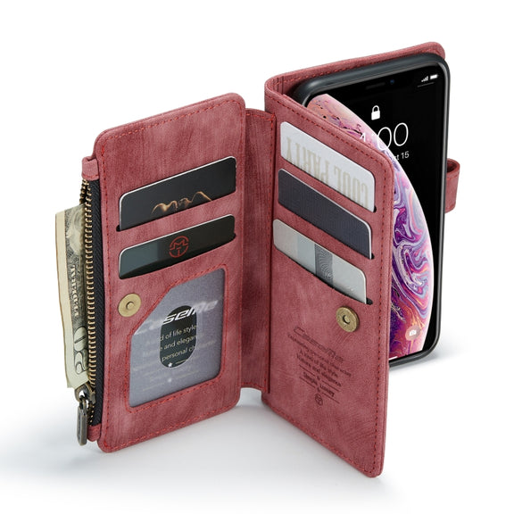 For iPhone X / XS CaseMe-C30 PU + TPU Multifunctional Horizontal Flip Leather Case with Holder & Card Slot & Wallet & Zipper Pocket(Red)