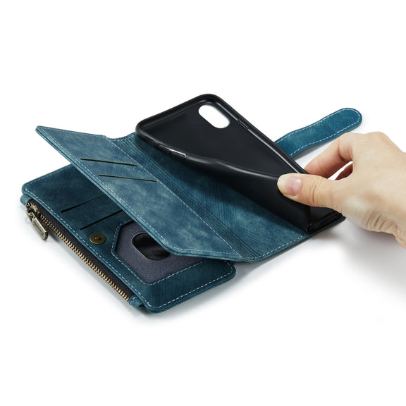 For iPhone X / XS CaseMe-C30 PU + TPU Multifunctional Horizontal Flip Leather Case with Holder & Card Slot & Wallet & Zipper Pocket(Blue)