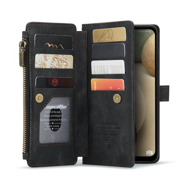 For Samsung Galaxy A12 CaseMe-C30 PU + TPU Multifunctional Horizontal Flip Leather Case with Holder & Card Slot & Wallet & Zipper Pocket(Black)
