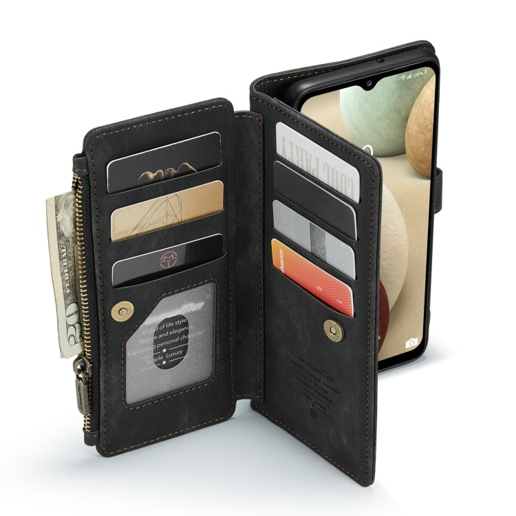 For Samsung Galaxy A12 CaseMe-C30 PU + TPU Multifunctional Horizontal Flip Leather Case with Holder & Card Slot & Wallet & Zipper Pocket(Black)