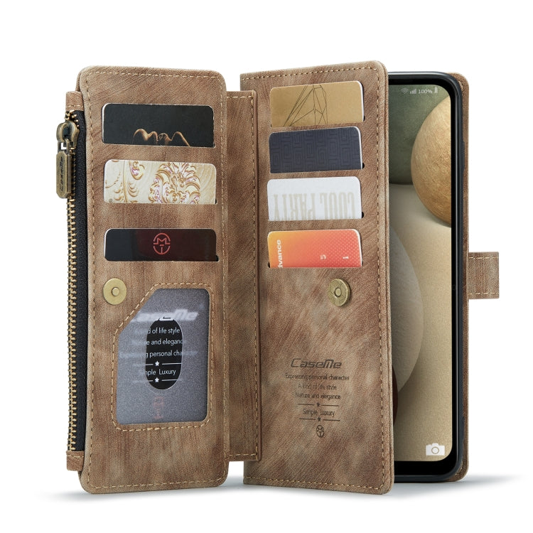 For Samsung Galaxy A12 CaseMe-C30 PU + TPU Multifunctional Horizontal Flip Leather Case with Holder & Card Slot & Wallet & Zipper Pocket(Brown)