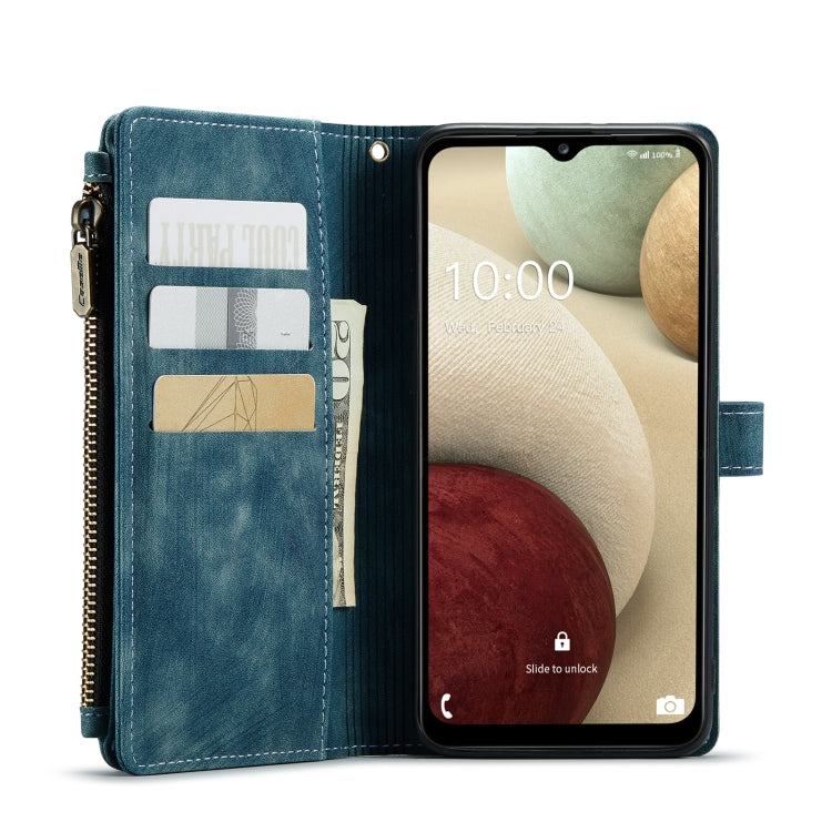 For Samsung Galaxy A12 CaseMe-C30 PU + TPU Multifunctional Horizontal Flip Leather Case with Holder & Card Slot & Wallet & Zipper Pocket(Blue)