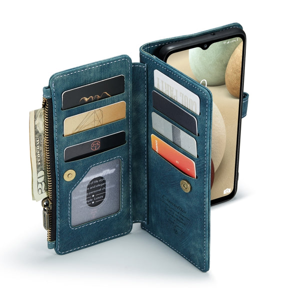 For Samsung Galaxy A12 CaseMe-C30 PU + TPU Multifunctional Horizontal Flip Leather Case with Holder & Card Slot & Wallet & Zipper Pocket(Blue)