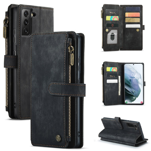 For Samsung Galaxy S21+ 5G CaseMe-C30 PU + TPU Multifunctional Horizontal Flip Leather Case with Holder & Card Slot & Wallet & Zipper Pocket(Black)