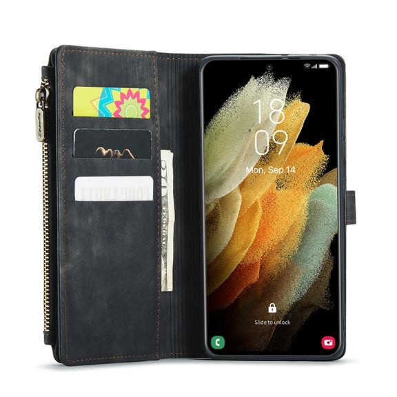 For Samsung Galaxy S21 Ultra 5G CaseMe-C30 PU + TPU Multifunctional Horizontal Flip Leather Case with Holder & Card Slot & Wallet & Zipper Pocket(Black)