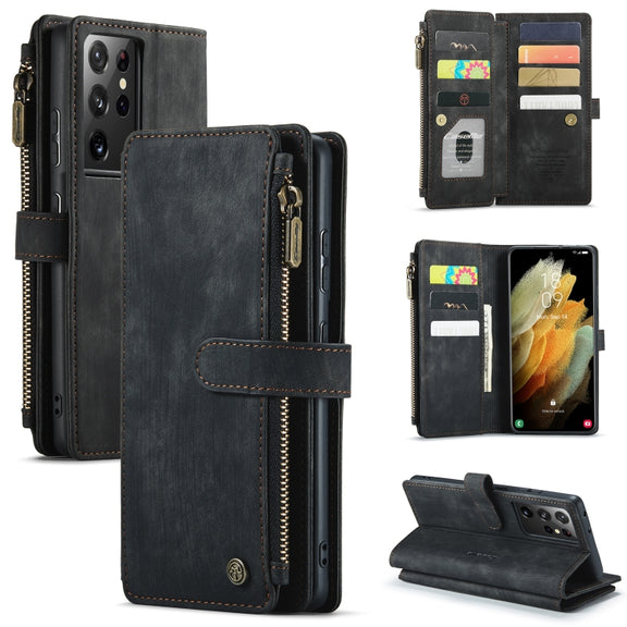 For Samsung Galaxy S21 Ultra 5G CaseMe-C30 PU + TPU Multifunctional Horizontal Flip Leather Case with Holder & Card Slot & Wallet & Zipper Pocket(Black)