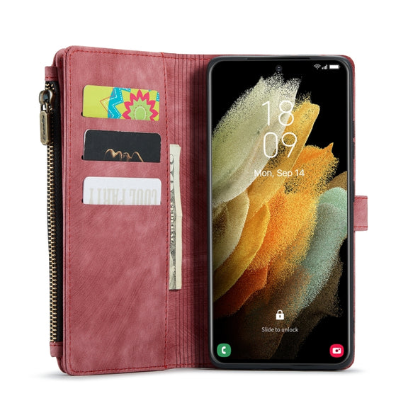 For Samsung Galaxy S21 Ultra 5G CaseMe-C30 PU + TPU Multifunctional Horizontal Flip Leather Case with Holder & Card Slot & Wallet & Zipper Pocket(Red)