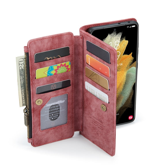 For Samsung Galaxy S21 Ultra 5G CaseMe-C30 PU + TPU Multifunctional Horizontal Flip Leather Case with Holder & Card Slot & Wallet & Zipper Pocket(Red)