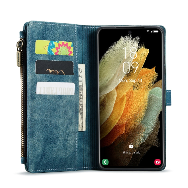 For Samsung Galaxy S21 Ultra 5G CaseMe-C30 PU + TPU Multifunctional Horizontal Flip Leather Case with Holder & Card Slot & Wallet & Zipper Pocket(Blue)