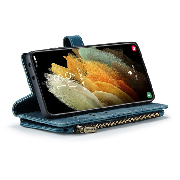 For Samsung Galaxy S21 Ultra 5G CaseMe-C30 PU + TPU Multifunctional Horizontal Flip Leather Case with Holder & Card Slot & Wallet & Zipper Pocket(Blue)