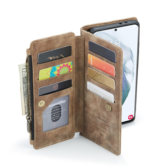 For Samsung Galaxy S21 FE CaseMe-C30 PU + TPU Multifunctional Horizontal Flip Leather Case with Holder & Card Slot & Wallet & Zipper Pocket(Brown)
